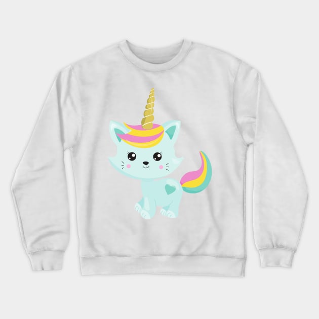 Unicorn Cat, Cute Cat, Blue Cat, Little Cat, Kitty Crewneck Sweatshirt by Jelena Dunčević